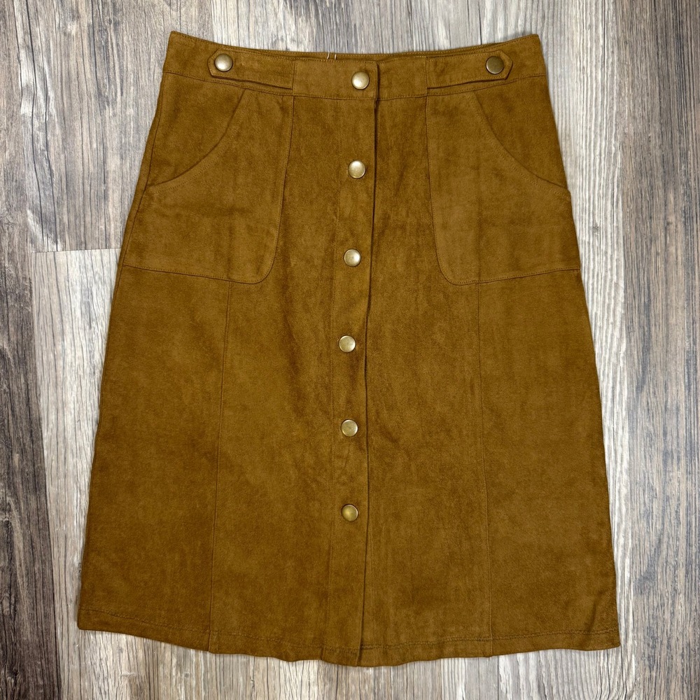 Faux Suede Button Front A-Line Midi Skirt Brown Tan Boho Western Pockets Size 27